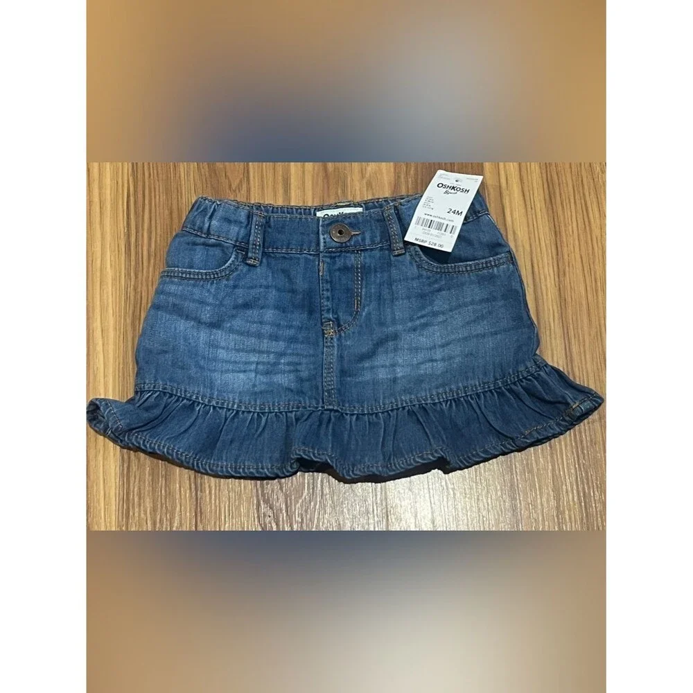 NWT OshKosh B'gosh Toddler Girl Ruffle Denim Skirt Blue Jean Mini Size 24M